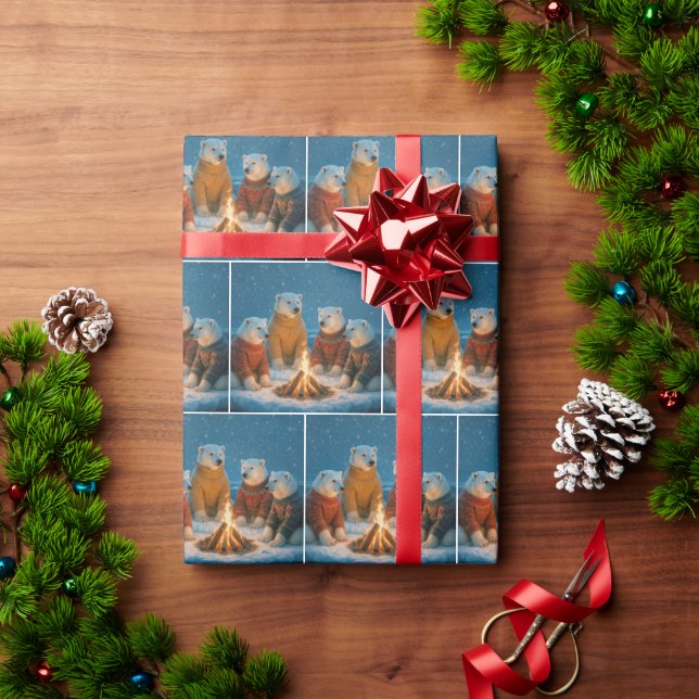 Christmas Polar Bears Around a Bonfire Wrapping Paper (Holiday Gift)