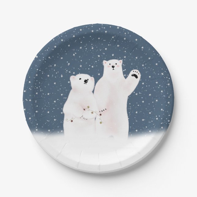 Christmas Polar Bears In Snowflakes Paper Plate (Front)
