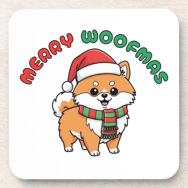 Christmas Pomeranian Coaster: Merry Woofmas Coaster (Front)