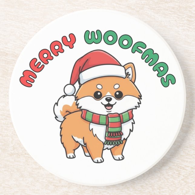 Christmas Pomeranian Coaster: Merry Woofmas Coaster (Front)
