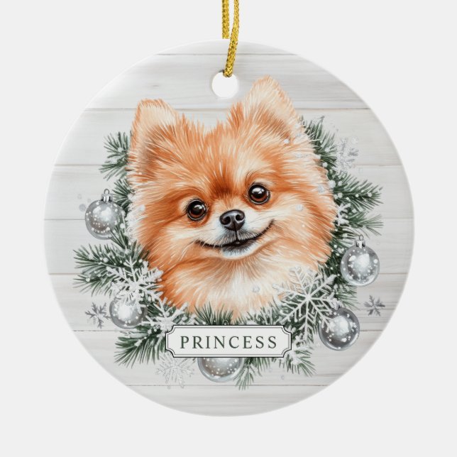 Christmas Pomeranian Dog Ceramic Circle Ornament (Front)