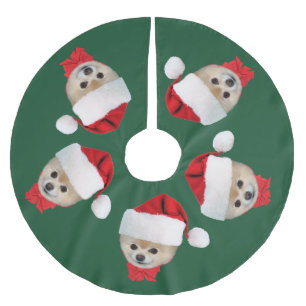 Christmas, Pomeranian Dog, Santa Hat Brushed Polyester Tree Skirt