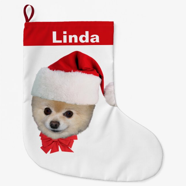 Christmas, Pomeranian Dog, Santa Hat, Name Large Christmas Stocking (Front)