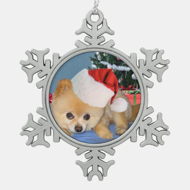Christmas, Pomeranian Dog, Santa Hat Snowflake Pewter Christmas Ornament (Front)