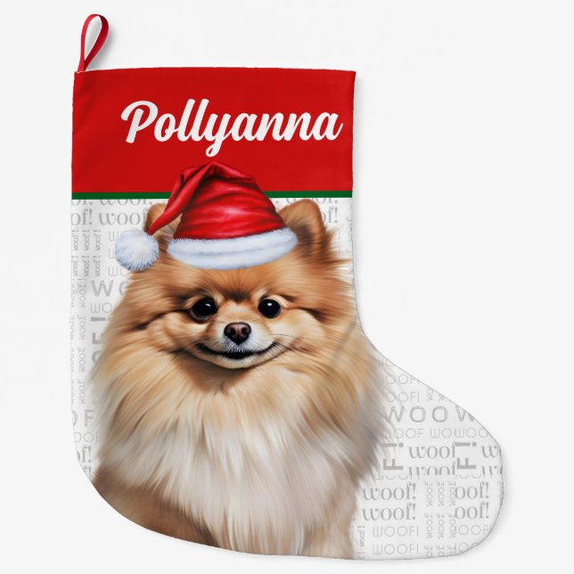 Christmas Pomeranian Dog with Name Woof Large Christmas Stocking (Front)
