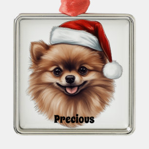 CHRISTMAS POMERANIAN DOG WITH SANTA HAT METAL ORNAMENT