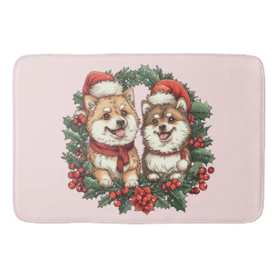 Christmas Pomeranian Dogs Mistletoe Wreath Bath Mat