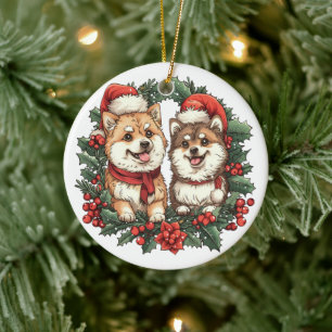 Christmas Pomeranian Dogs Mistletoe Wreath Ceramic Ornament