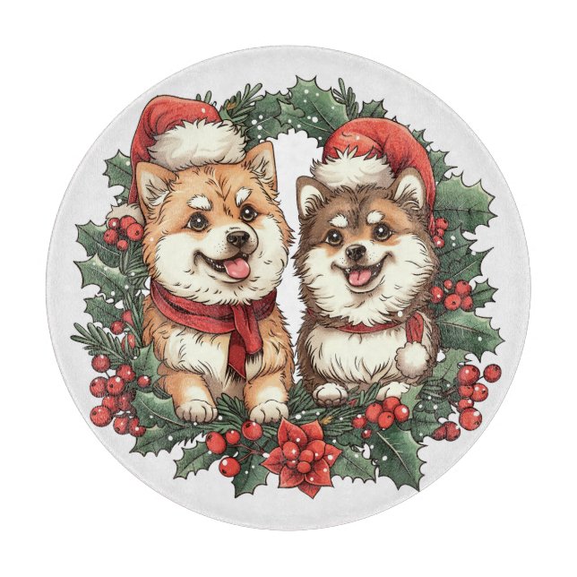 Christmas Pomeranian Dogs Mistletoe Wreath Cutting Board (Front)