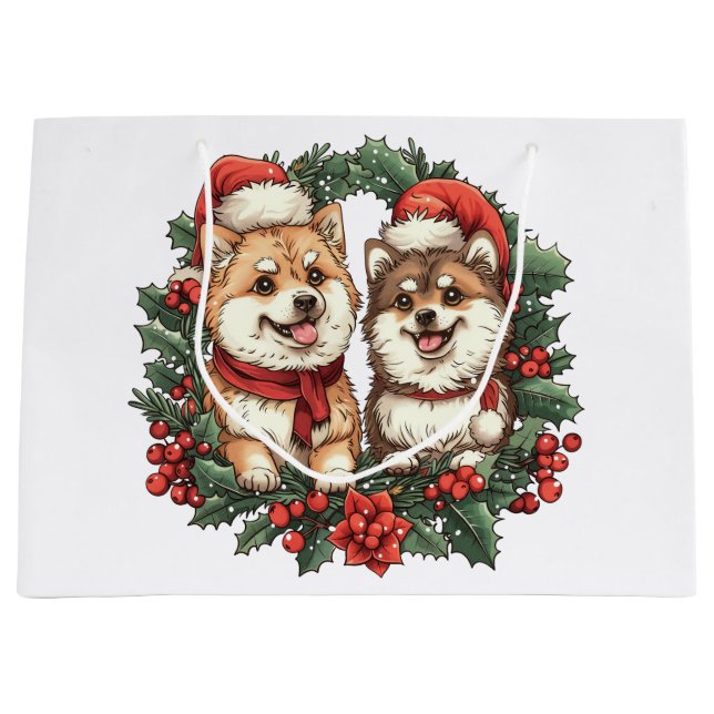 Christmas Pomeranian Dogs Mistletoe Wreath Large Gift Bag (Front)