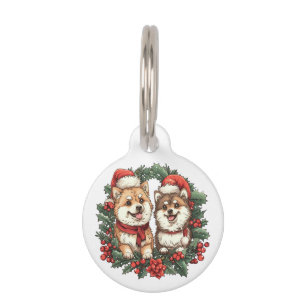 Christmas Pomeranian Dogs Mistletoe Wreath Pet Tag