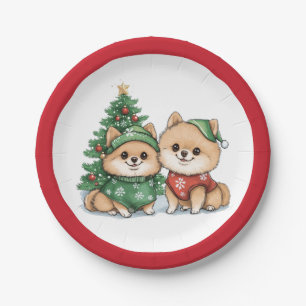 Christmas Pomeranian Dogs Paper Plate