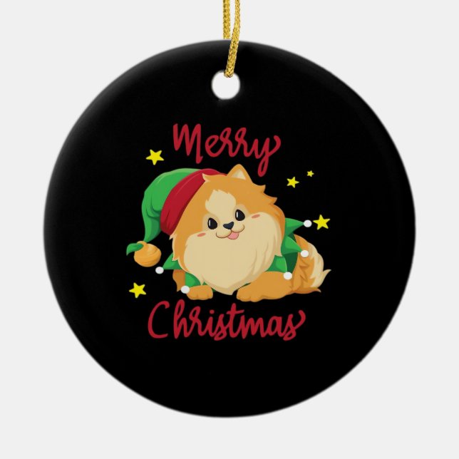 Christmas Pomeranian Merry Xmas Essential T-Shirt Ceramic Ornament (Front)