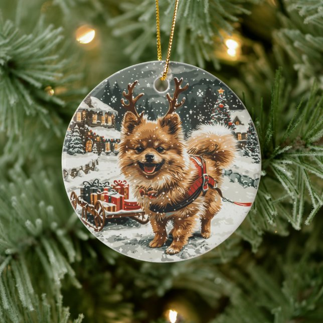 Christmas Pomeranian Reindeer Dog Ceramic Ornament (Tree)