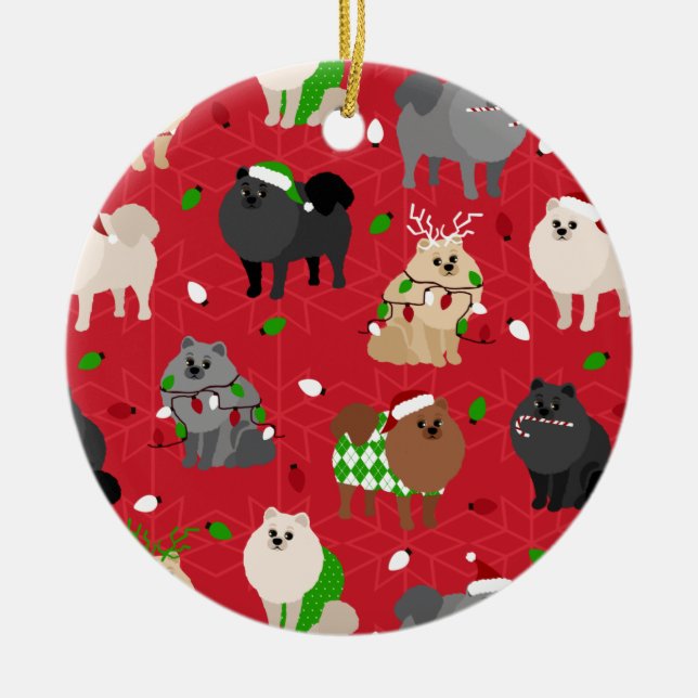 Christmas Pomeranians Ceramic Ornament (Front)