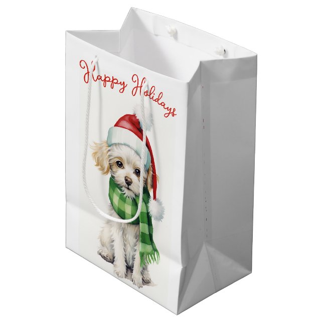 Christmas Poodle Dog With Hat Medium Gift Bag (Front Angled)
