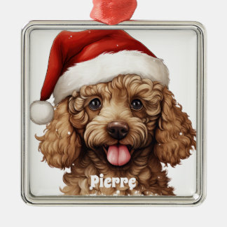 CHRISTMAS POODLE PUPPY DOG WITH SANTA HAT METAL ORNAMENT
