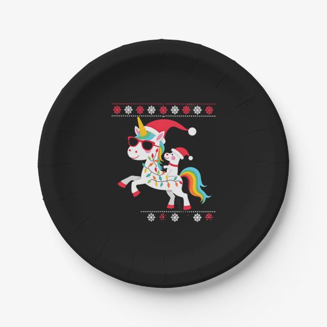 Christmas Poodle Unicorn Sunglasses Poodles T-Shir Paper Plate (Front)