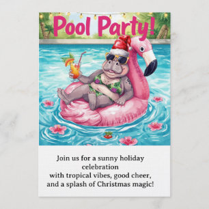 Christmas Pool Party  Cute Hippo on Flamingo Float Invitation