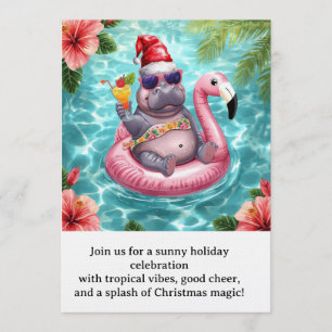 Christmas Pool Party Cute Hippo on Flamingo Float Invitation