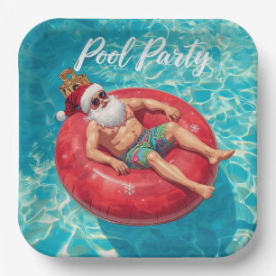 Christmas Pool Party Santa Claus in the pool Paper Plate