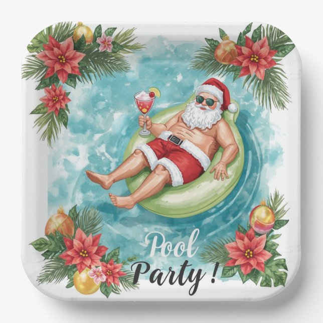 Christmas Pool Party with Santa Claus  Paper Plate (Front)