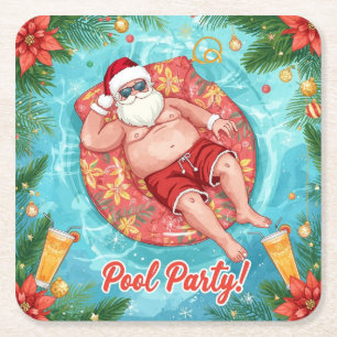 Christmas Pool Party with Santa Claus Square Paper Coaster