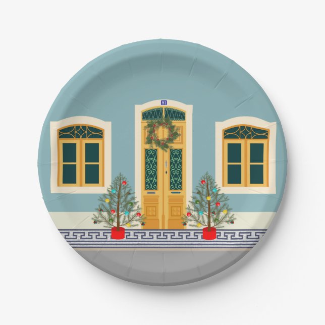 Christmas Portuguese Festive House Paper Plate (Front)