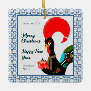 Christmas Portuguese Rooster and blue tiles frame Ceramic Ornament