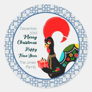 Christmas Portuguese Rooster and blue tiles frame Classic Round Sticker