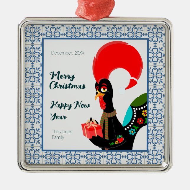 Christmas Portuguese Rooster and blue tiles frame Metal Ornament (Front)