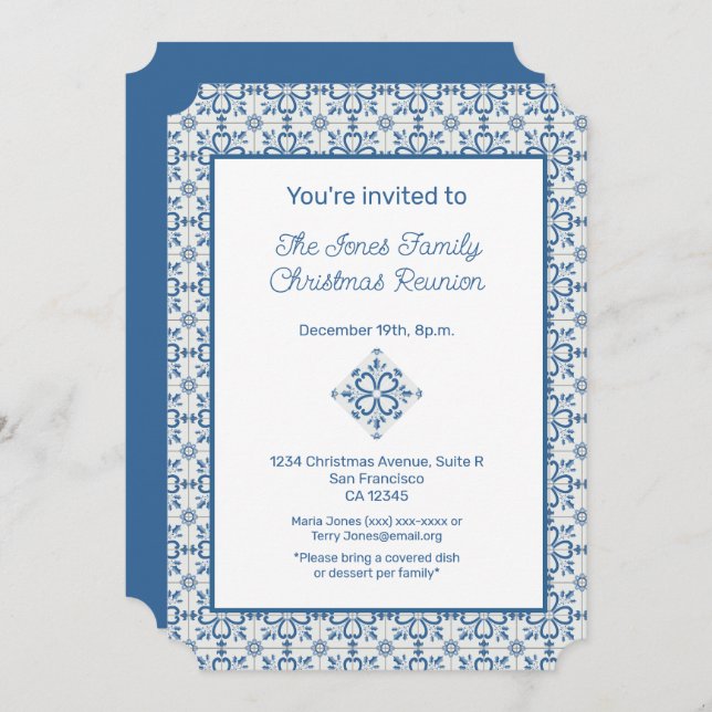 Christmas Portuguese Tiles Holly leaves frame Invitation (Front/Back)