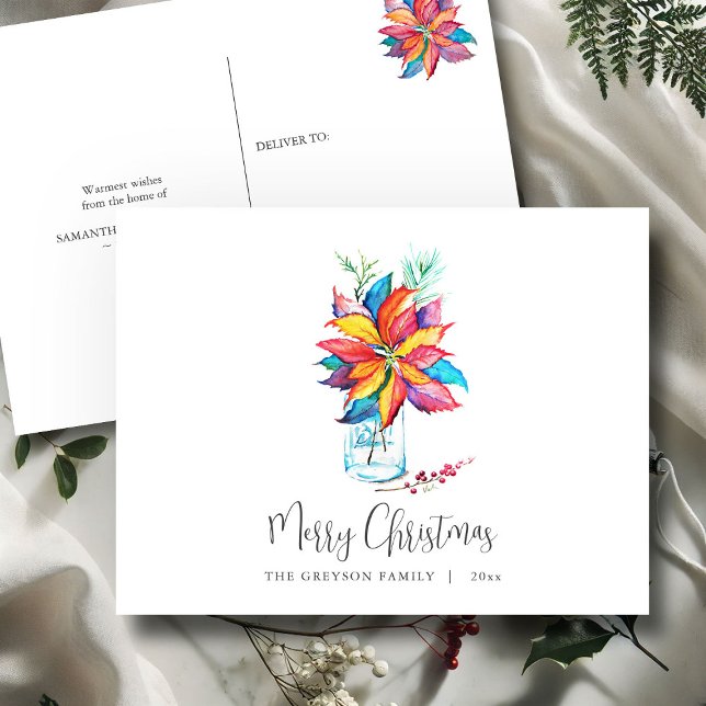 Christmas Postcard Colourful Botanical Poinsettia (Christmas postcards watercolor poinsettia art by Victoria Grigaliunas of Do Tell A Belle)