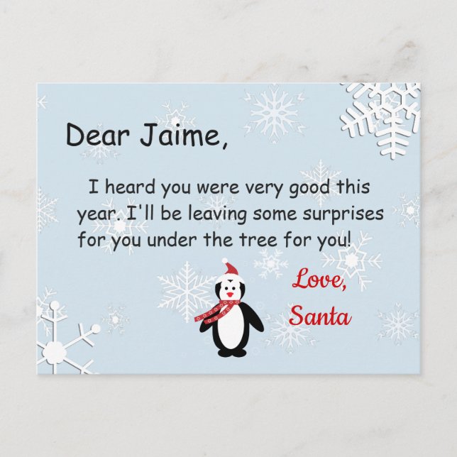 Christmas Postcard from Santa to a child (Front)