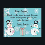Christmas Postcard from Santa to a child<br><div class="desc">Personalised letter to and from Santa.The front of this post card has a letter from Santa Clause. The back has a place for your child to "write their Christmas wish list." Send it off to Santa in the mail!

Just add your child's name to the front.</div>