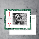 Christmas Postcard Joy Photo Green<br><div class="desc">These modern,  simple,  and stylish 4.25"x5.6" holiday photo postcards feature modern typography in green on white and an abstract floral design background,  and a spot for your favourite photo,  black and white or colour.</div>