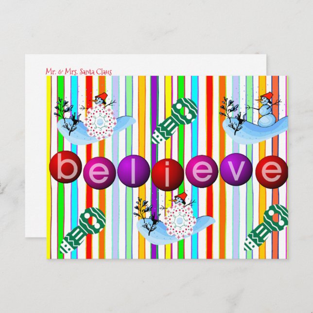 Christmas Postcards Believe Snowman (Front/Back)