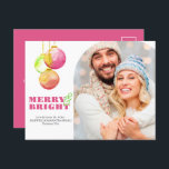 Christmas Postcards Modern Merry & Bright Photo<br><div class="desc">These unique magenta Christmas postcards feature watercolor holiday ornaments in shades of pinks, greens and red. The words "Merry & Bright" are set in a traditional serif typeface in a complimentary colour on a simple white background. Customise with your wording and family, couples or pet photo in a modern arch...</div>