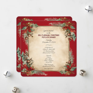 Christmas Potluck  Dinner Old World Scroll Invitat Holiday Card