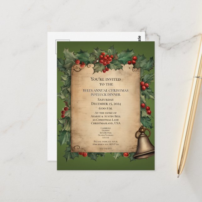 Christmas Potluck  Dinner Old World Scroll Invitat Postcard (Front/Back In Situ)