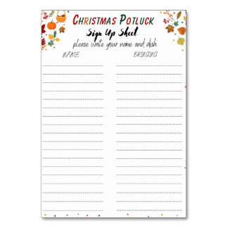 Christmas Potluck Sign Up Sheet, Potluck form Table Number