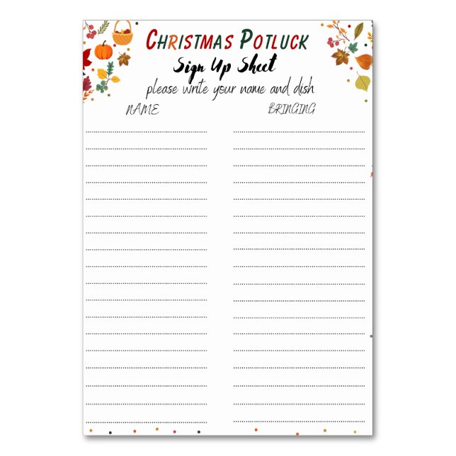 Christmas Potluck Sign Up Sheet, Potluck form Table Number (Front)