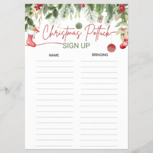 Christmas Potluck Sign-Up Sheet Xmas Dinner List