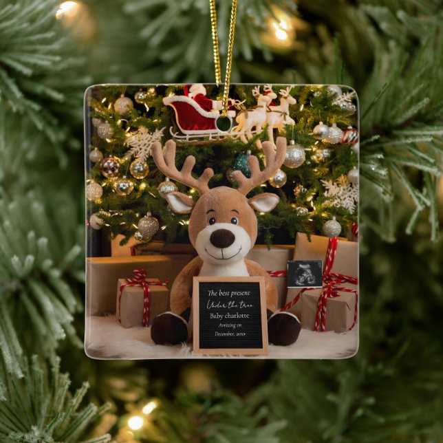 Christmas Pregnancy Announcement cute reindeer  Ceramic Ornament (Tree)