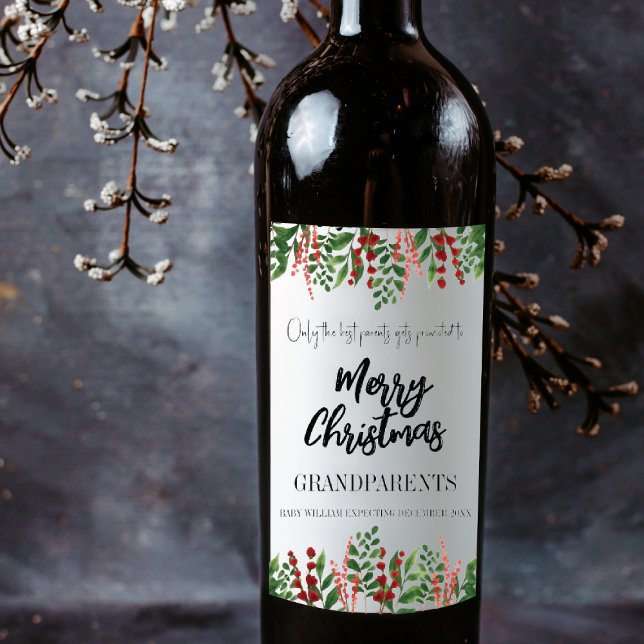 Christmas Pregnancy Baby Announcement Grandparent  Wine Label (Christmas Pregnancy Baby Announcement Grandparent Wine Label)