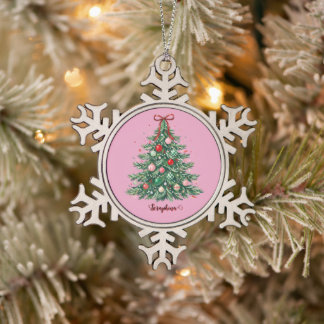 Christmas Preppy Coquette Tree with Bows Add Name Snowflake Pewter Christmas Ornament