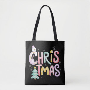 Christmas Preppy Tree Snowman Glitter Coquette Tote Bag