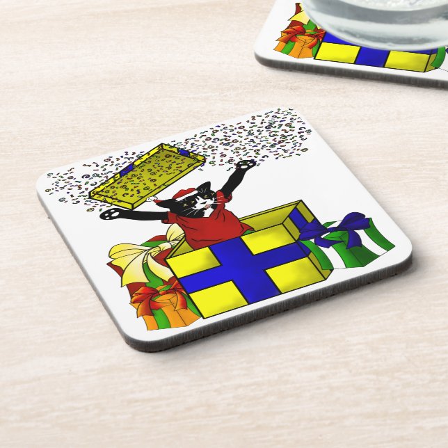 Christmas Present Surprise Cat Coaster (Left Side)