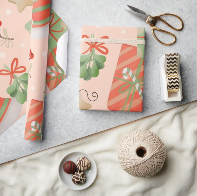 Christmas Presents Baubles Holly Pink Wrapping Paper (Crafts)