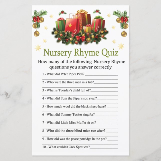 Christmas presents Nursery Rhyme Quiz baby shower (Front)